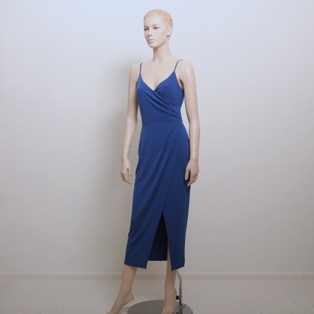 1.State Sleeveless Wrap Front Maxi V-Neck Surplice Side Slit Dress Blue Women XS